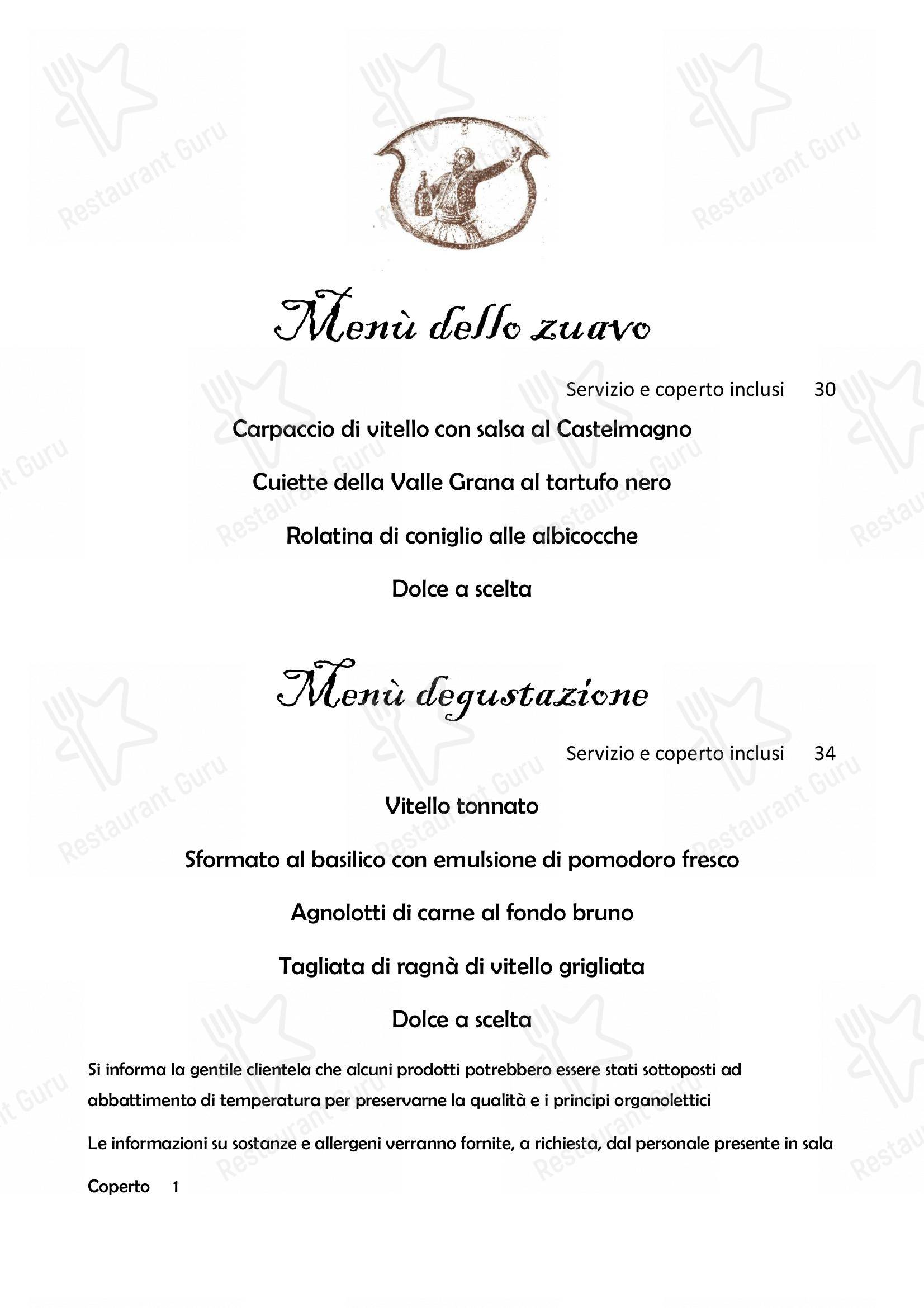 Food Menu per Il Nuovo Zuavo in Cuneo