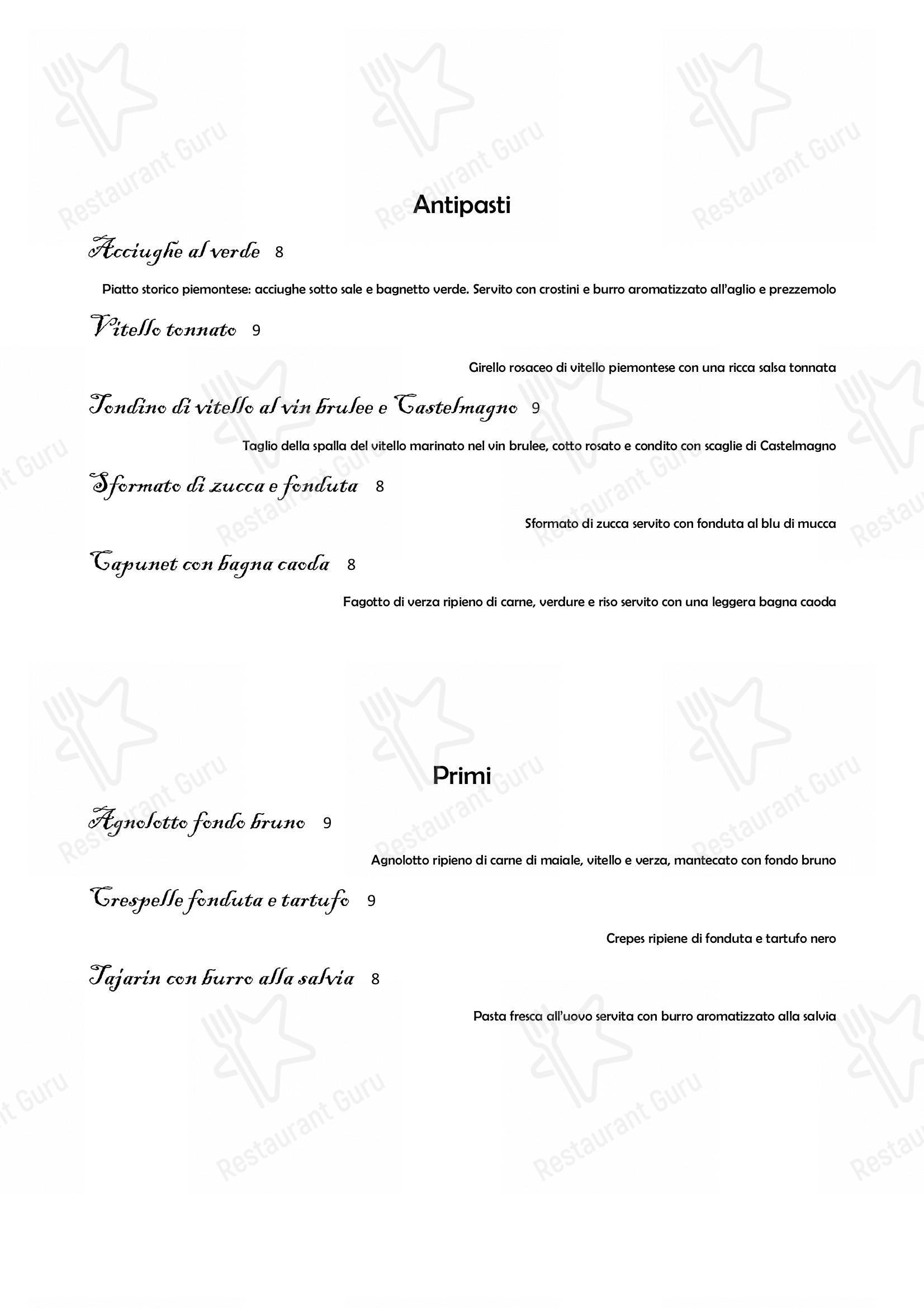 Take out menu per Il Nuovo Zuavo ristorante