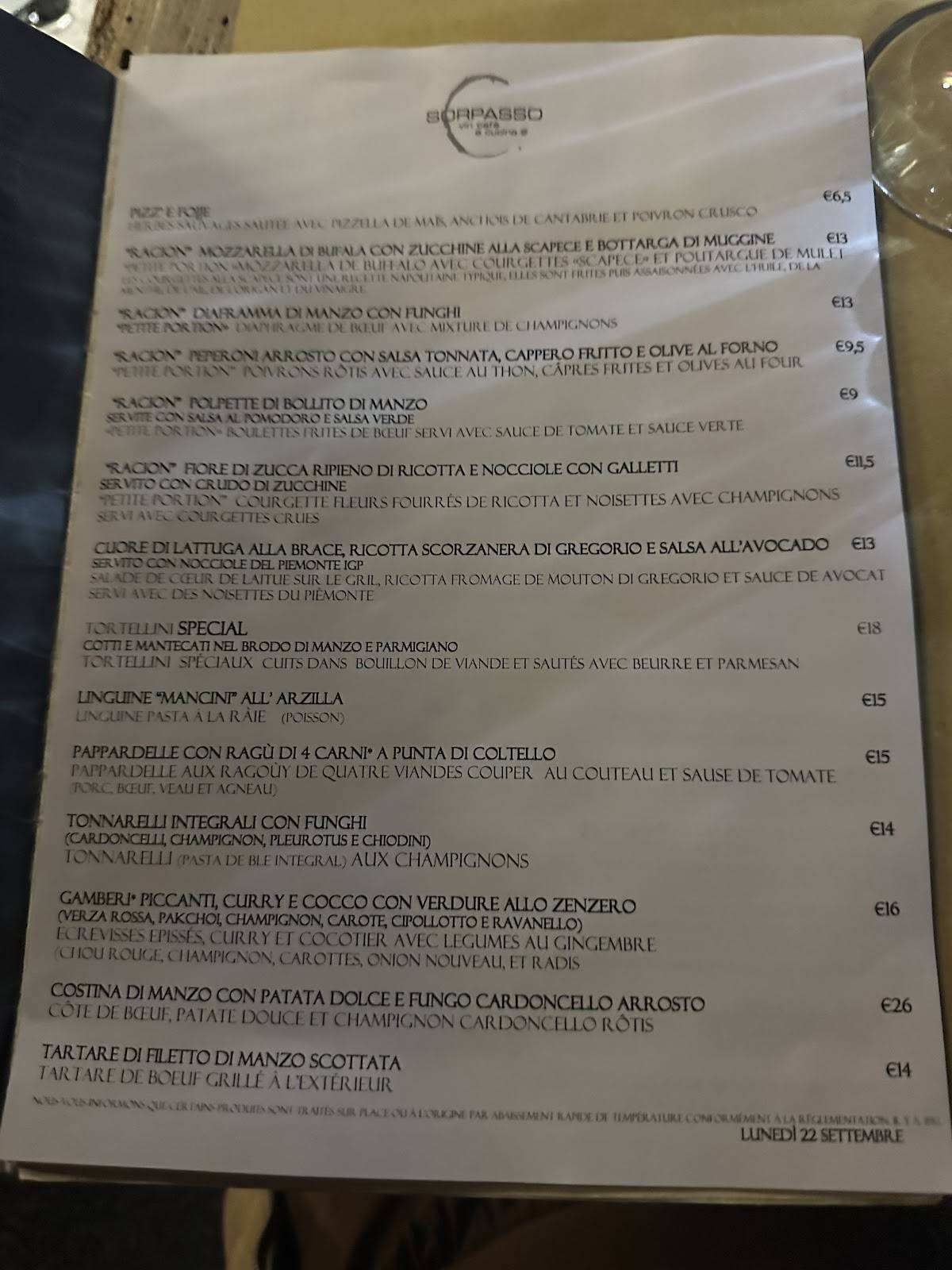 Menu di Il Sorpasso 