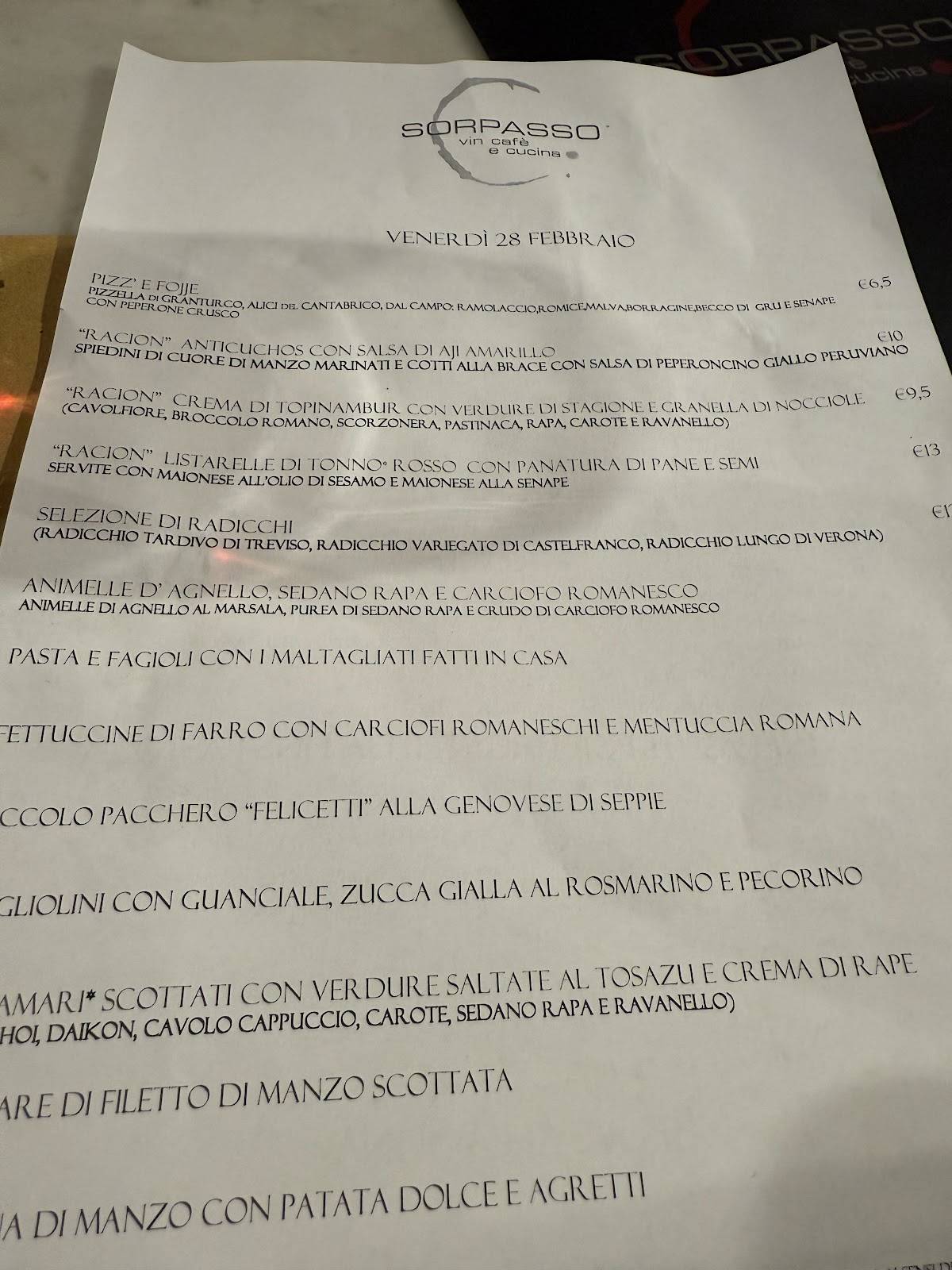Menu di Il Sorpasso 