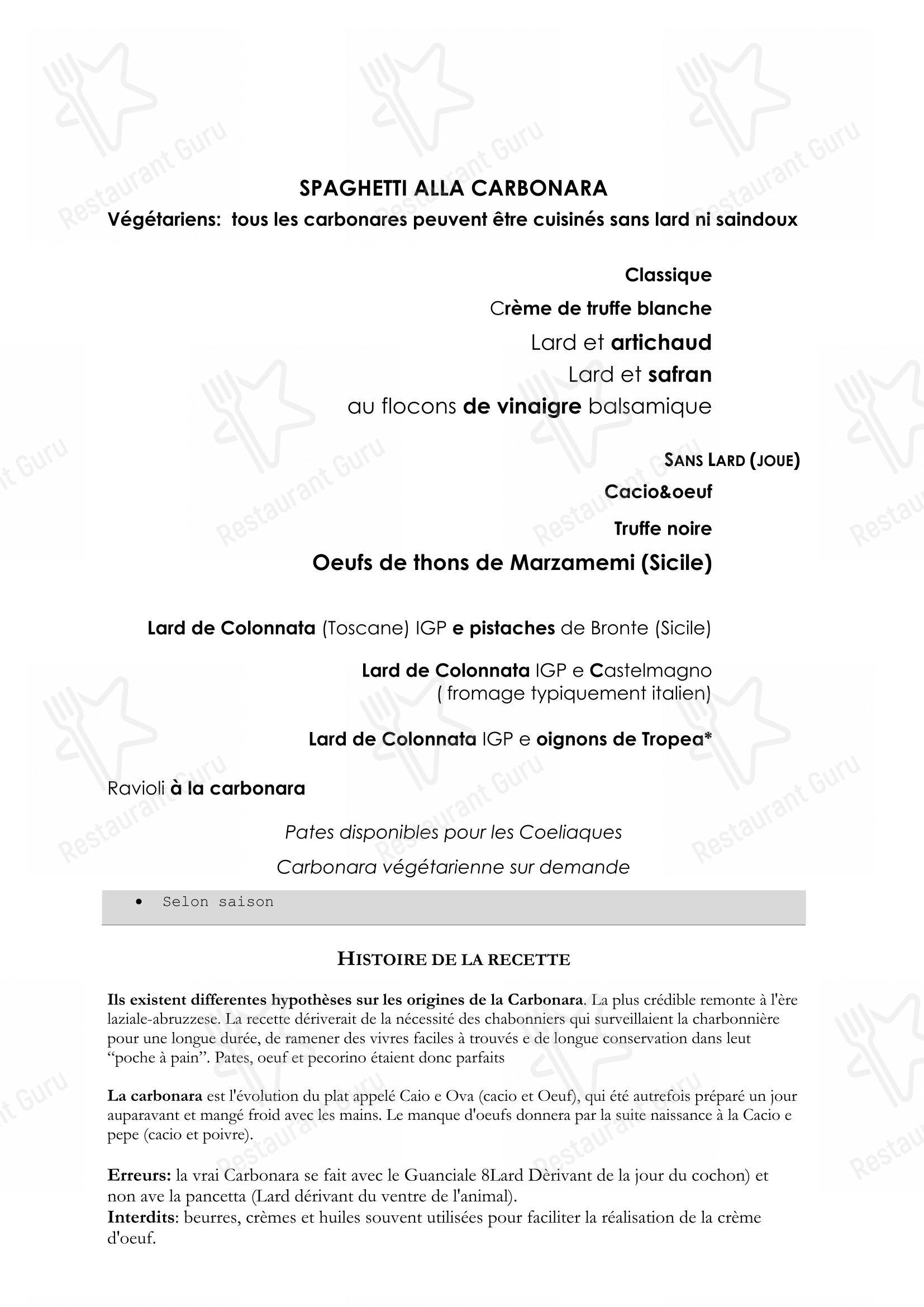 Menu di In Roma dal 1917 - Famous in the world for Carbonara - Menu