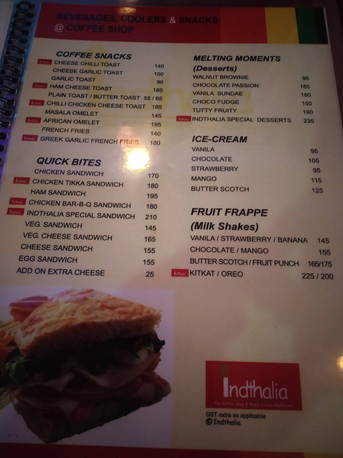 Indthalia menu