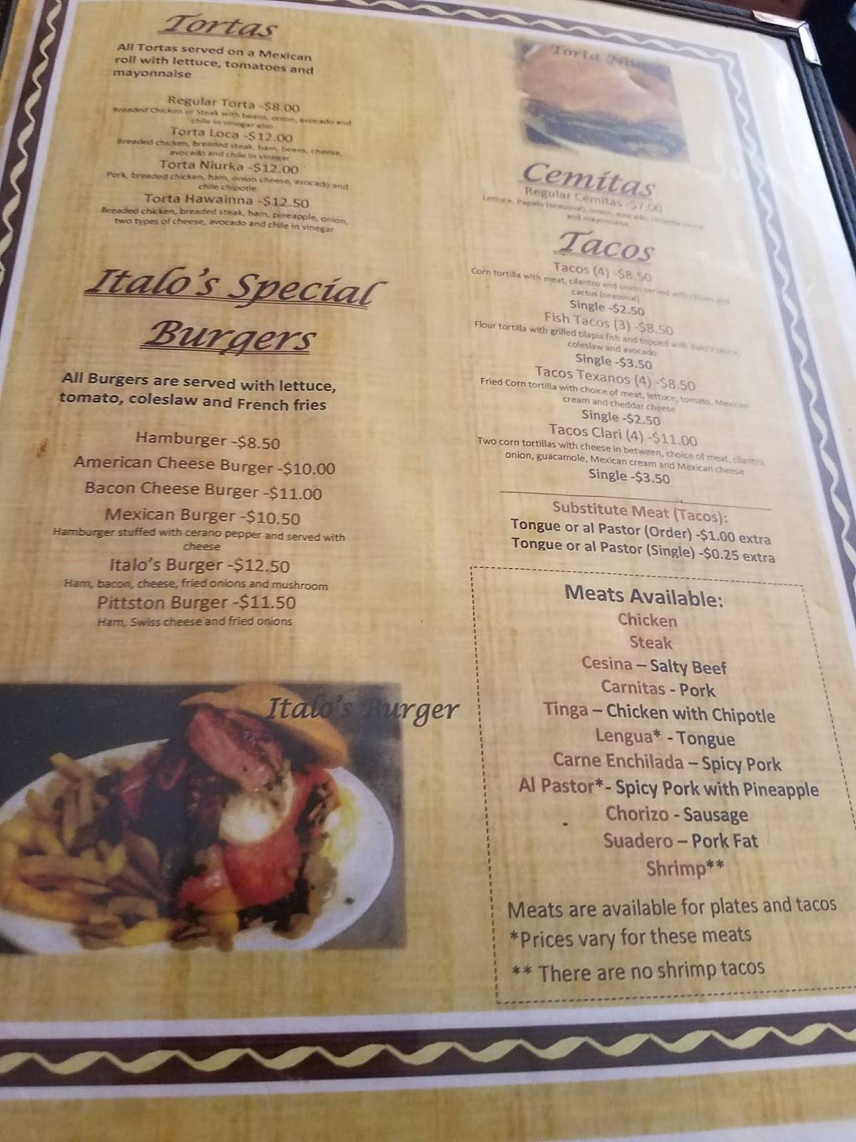 Menu at Italo's restaurant, Scranton