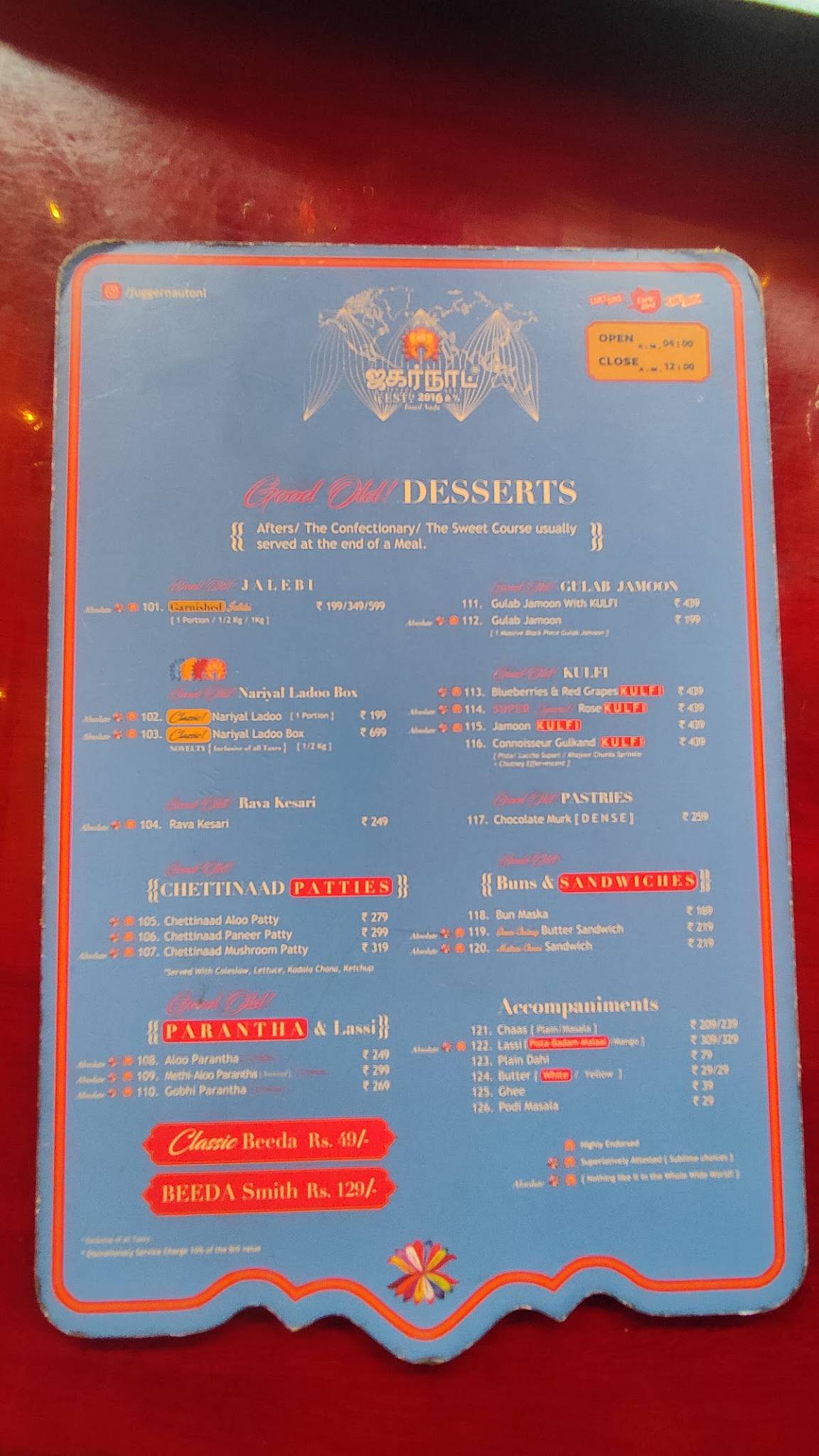 J U G G E R N A U T, Barakhamba Road menu
