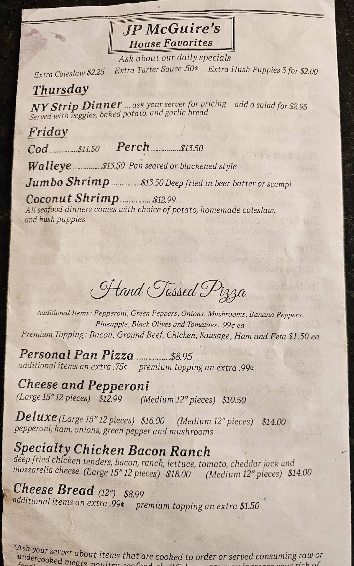 Menu at JP McGuire's Bar and Restaurant, Taylor