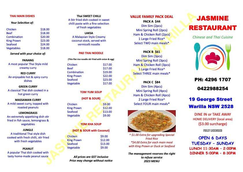 Menu at Jasmine Chinese Restaurant, Warilla