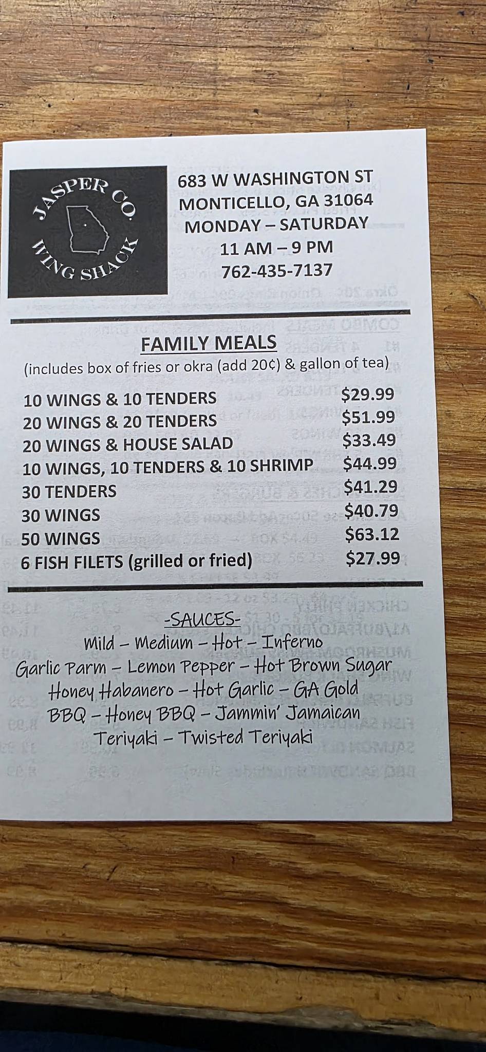 Menu at Jasper County Wing Shack restaurant, Monticello