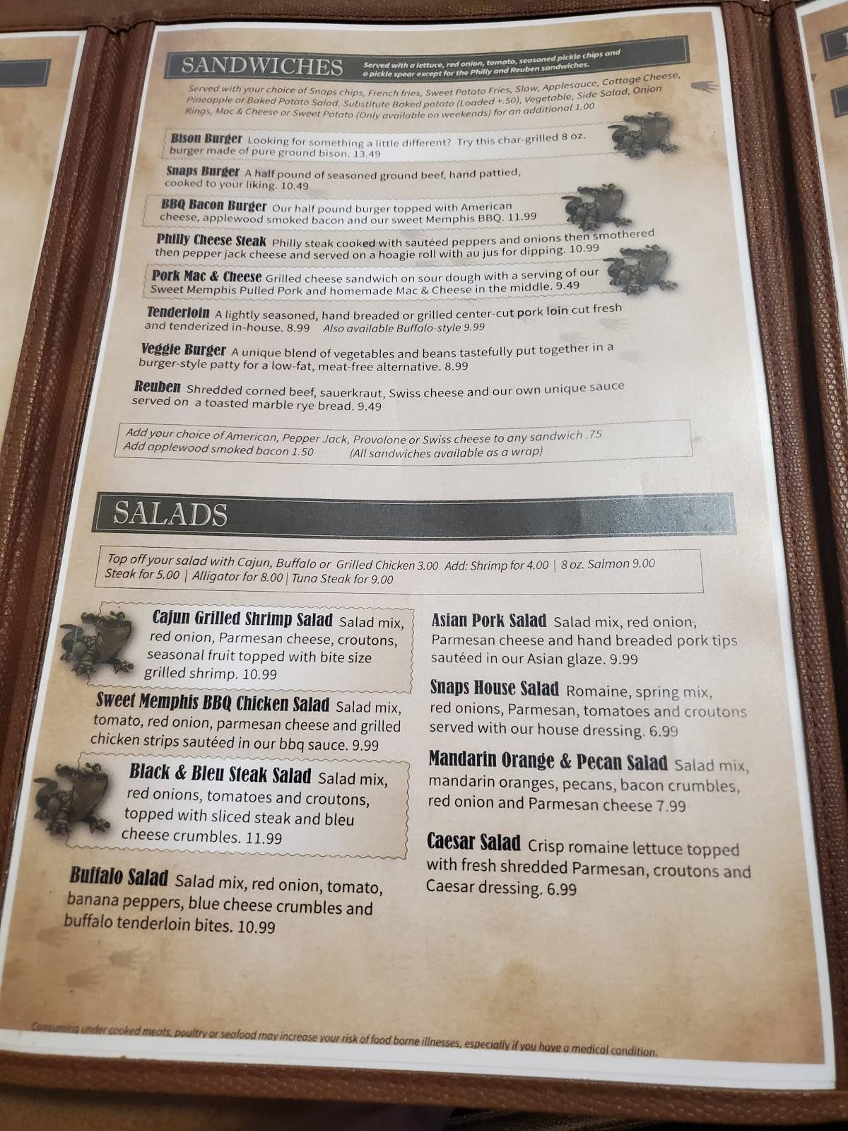 Menu at Snaps pub & bar, Jasper