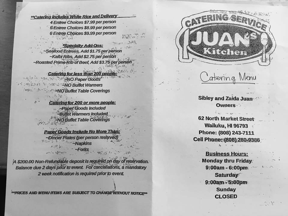 Menu at Juan s Kitchen LLC Kahului HI restaurant Kahului