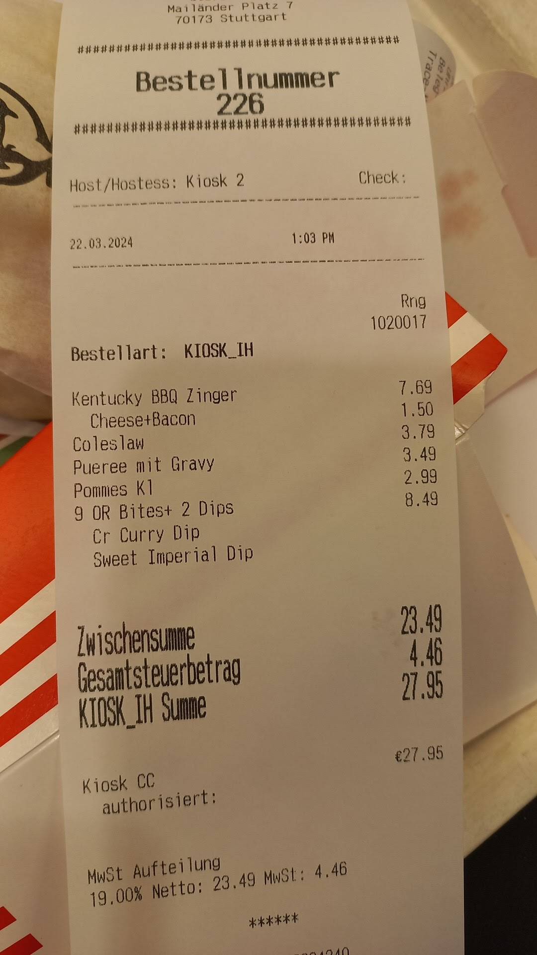 Menu de KFC