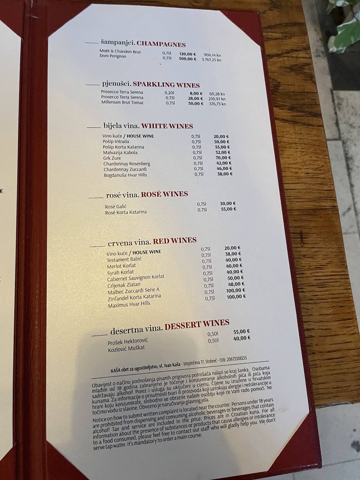 Menu di Kaša grill bar 