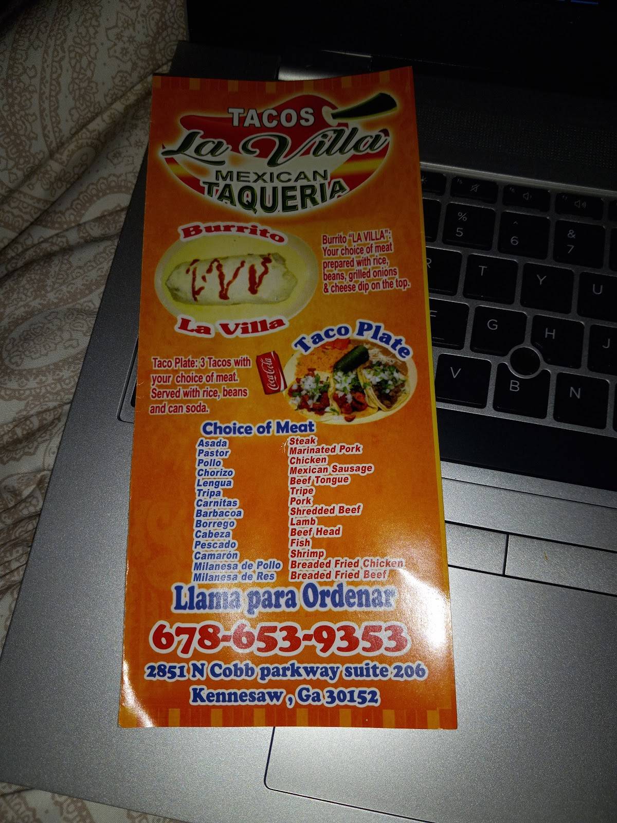 Menu at Tacos La Villa restaurant, Kennesaw
