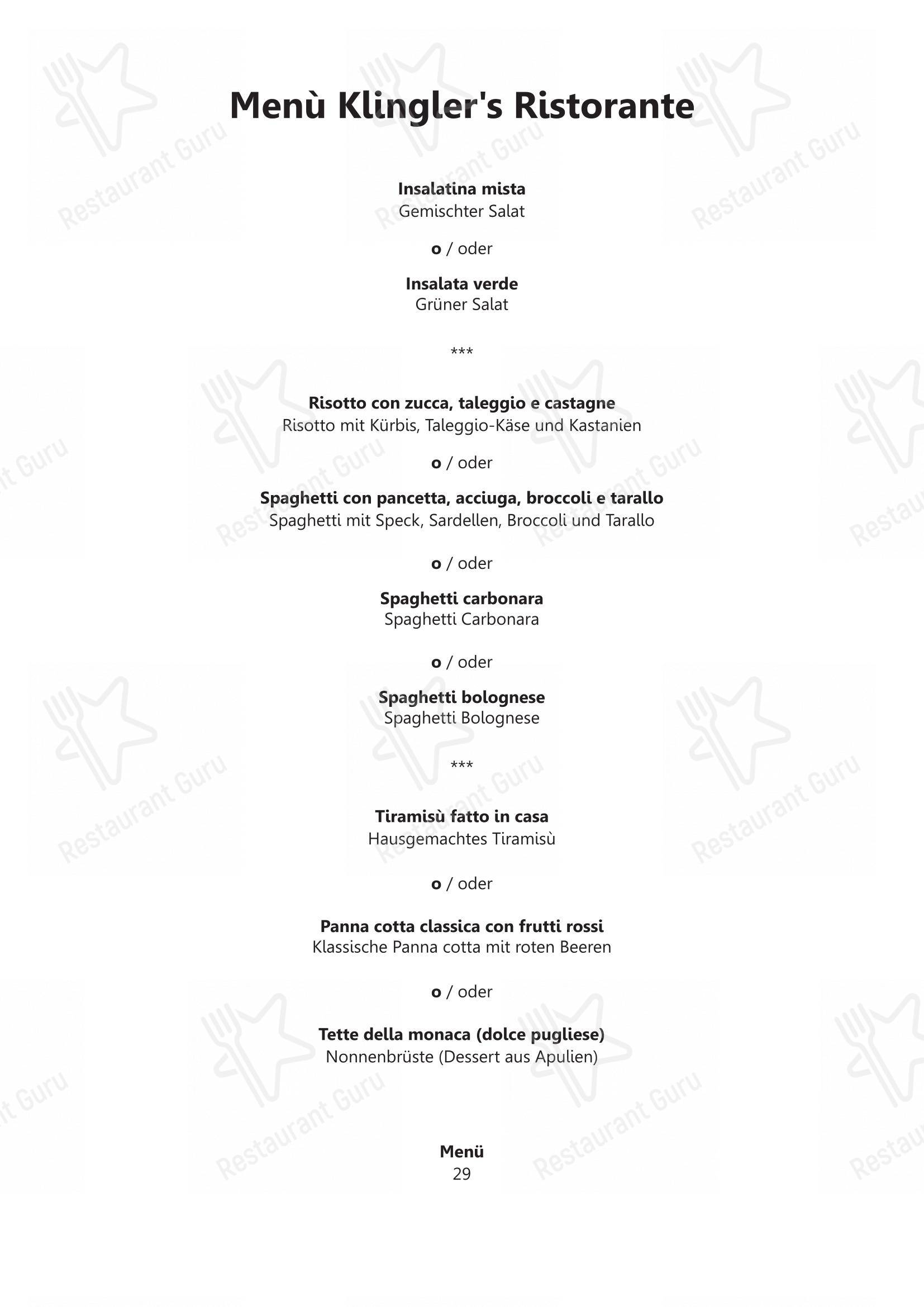 菜单 per Klingler's Ristorante Ascona ristorante