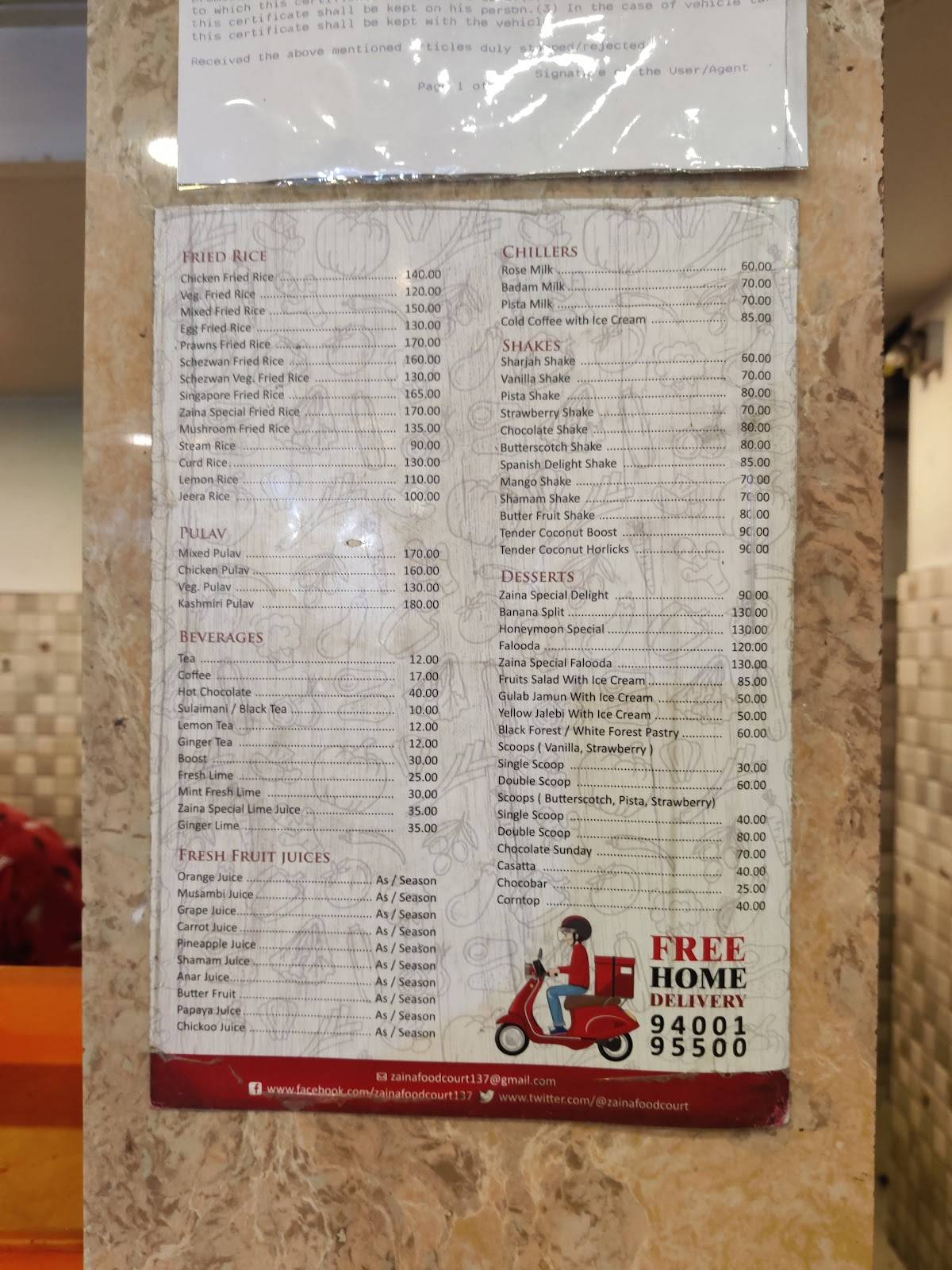 Zaina Bakers menu