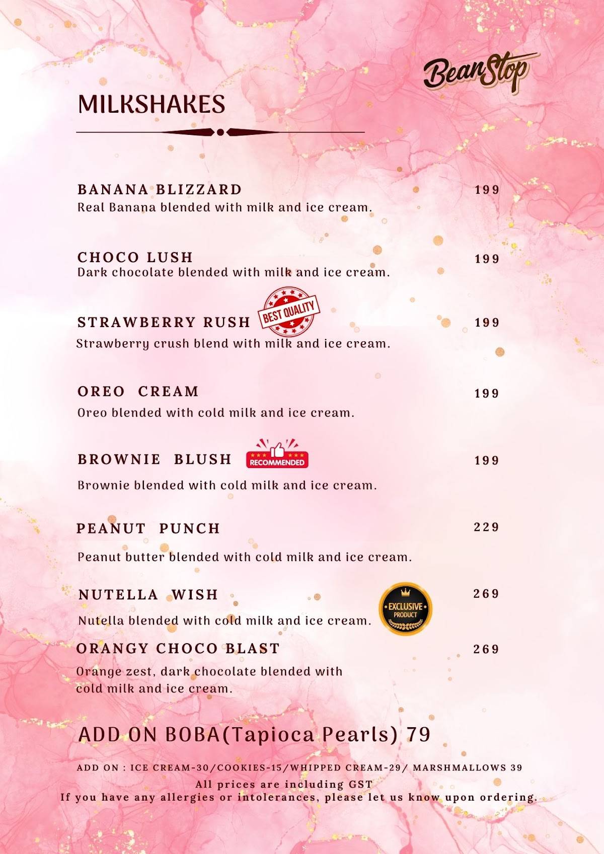 Bean Stop menu