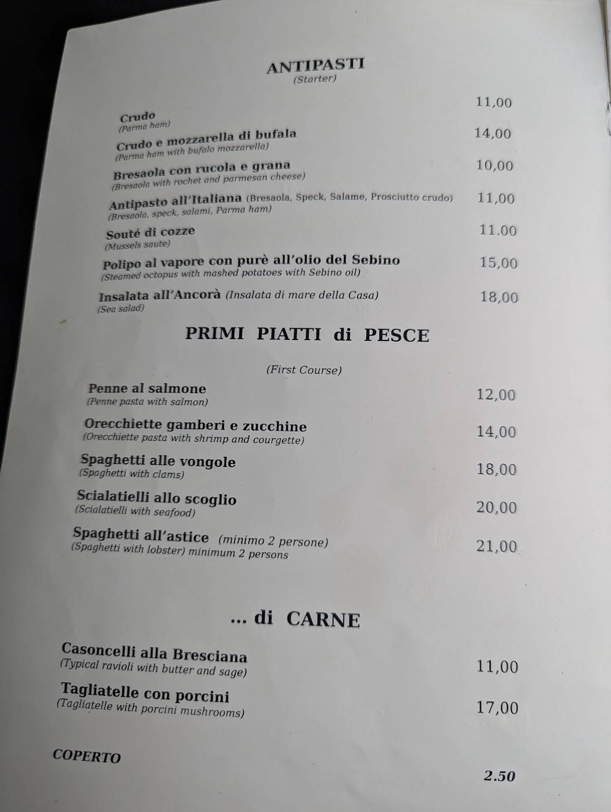 Menu di L' Ancorà Iseo 