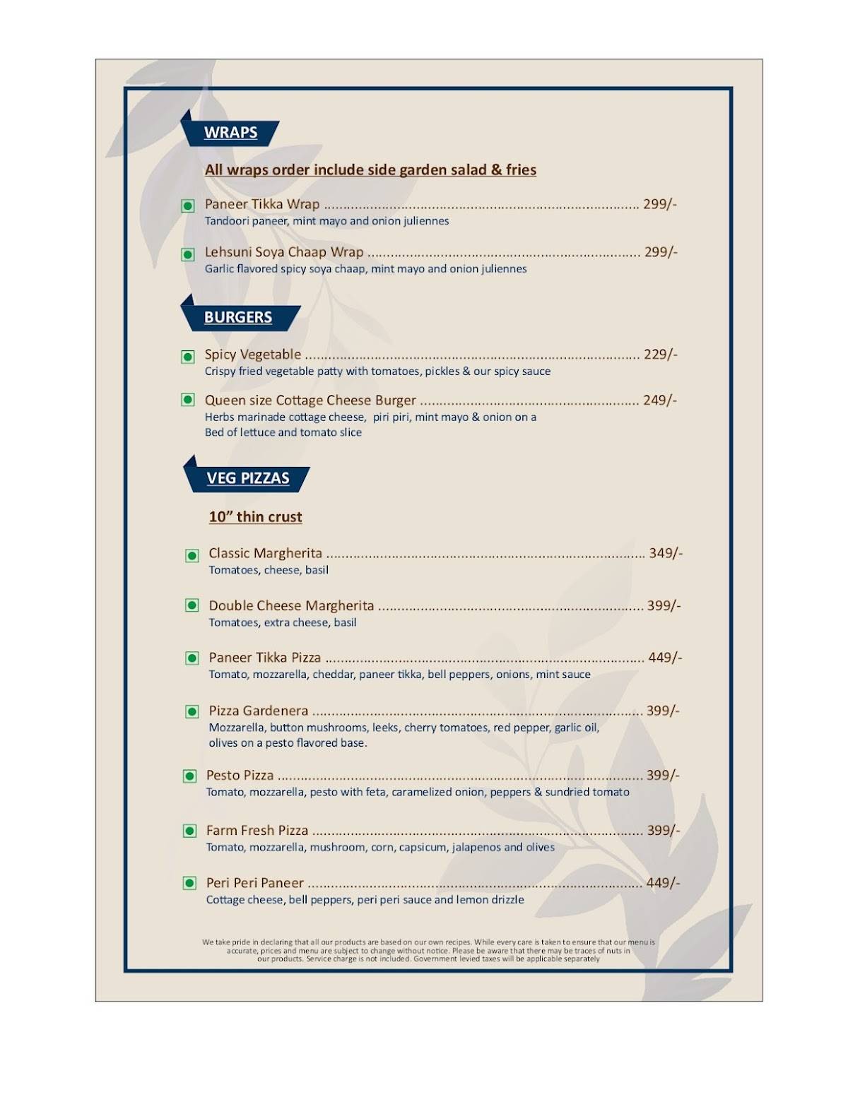 LASA Bistro Pure Veg Restaurant in Jaipur menu
