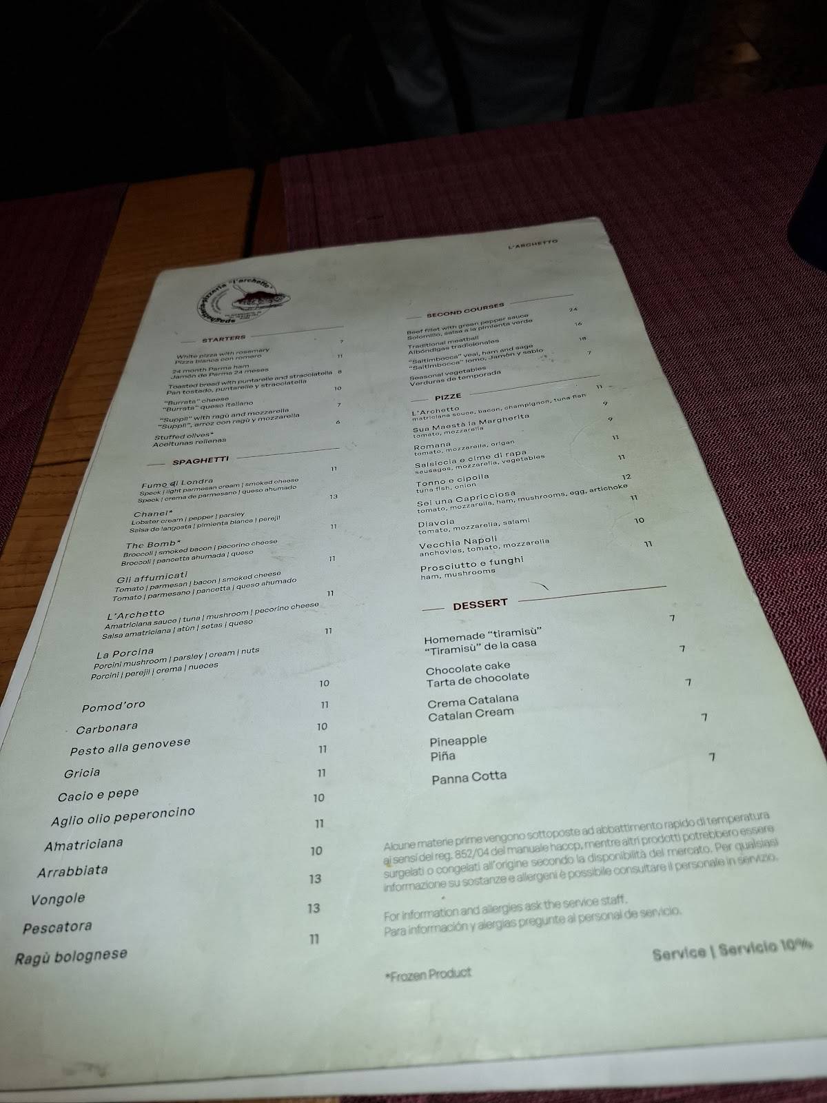 Menu di Spaghetteria l'Archetto 