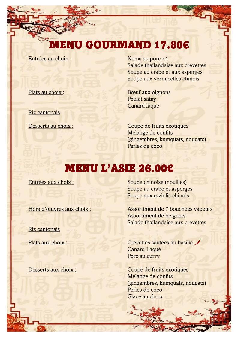 Menu de L'Asie Rochefort