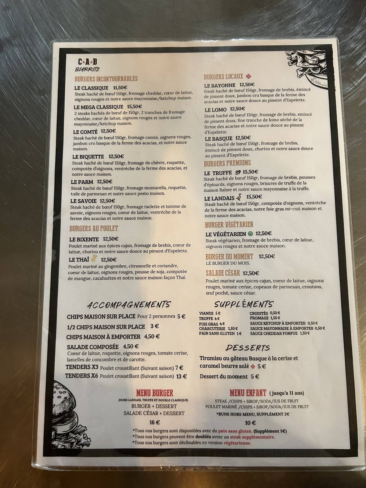 Menu de Le Cab Biarritz - Le Comptoir À Burger