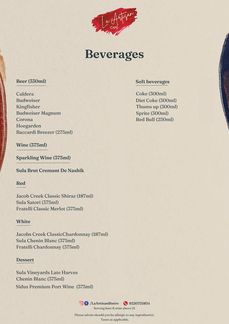 La Artisan Cafe menu