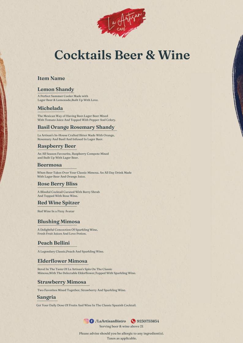 La Artisan Cafe menu