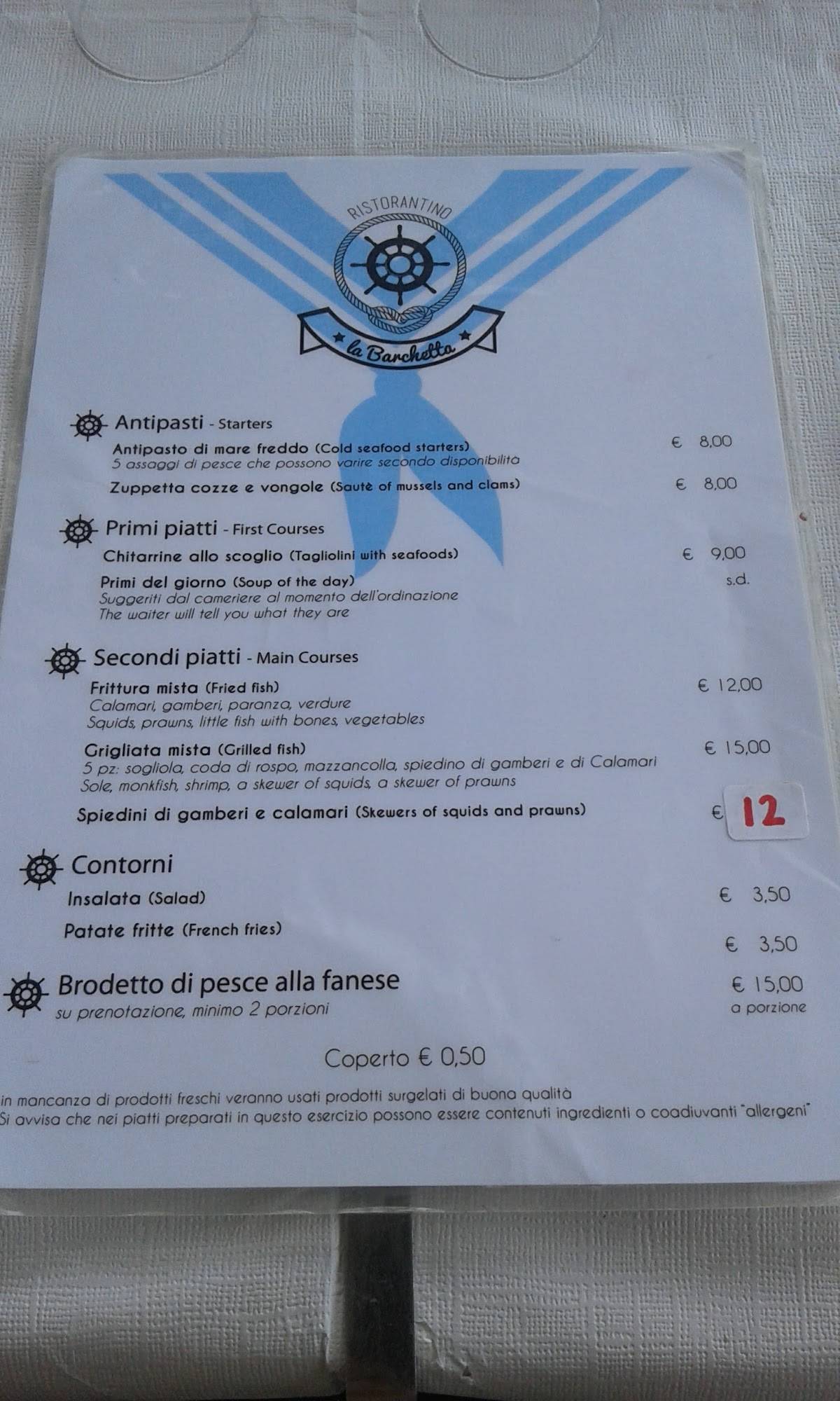 menù la barchetta del pescatore