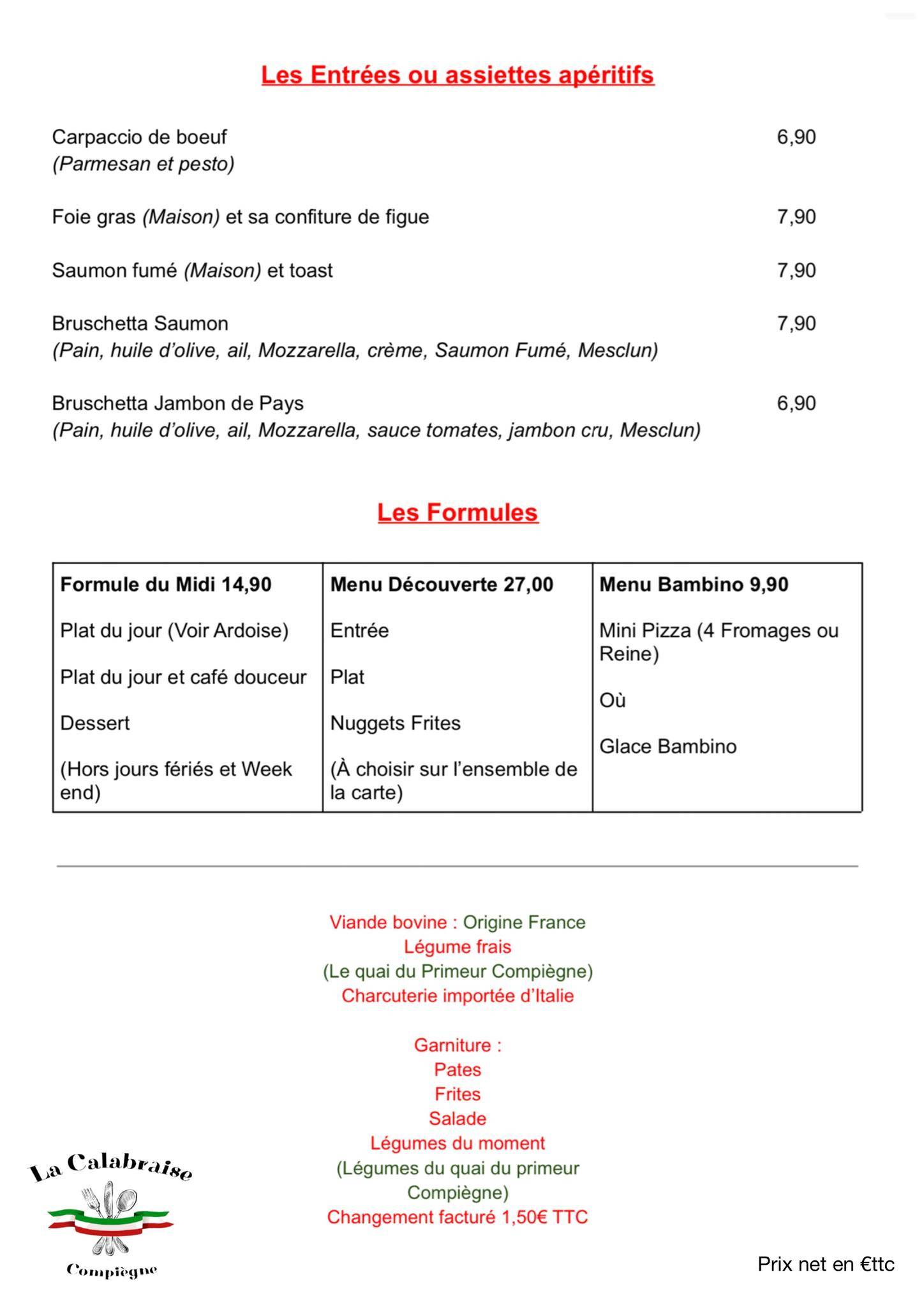 Menu de La Calabraise