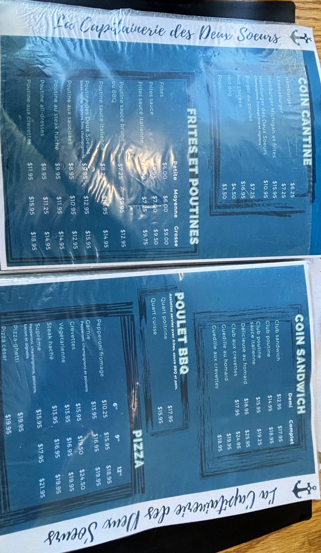 Menu de La Capitainerie des 2 sœurs