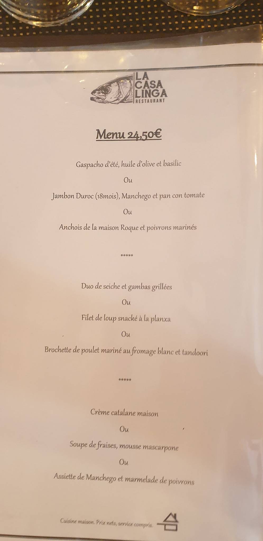 Menu at La Casa Linga restaurant, Collioure