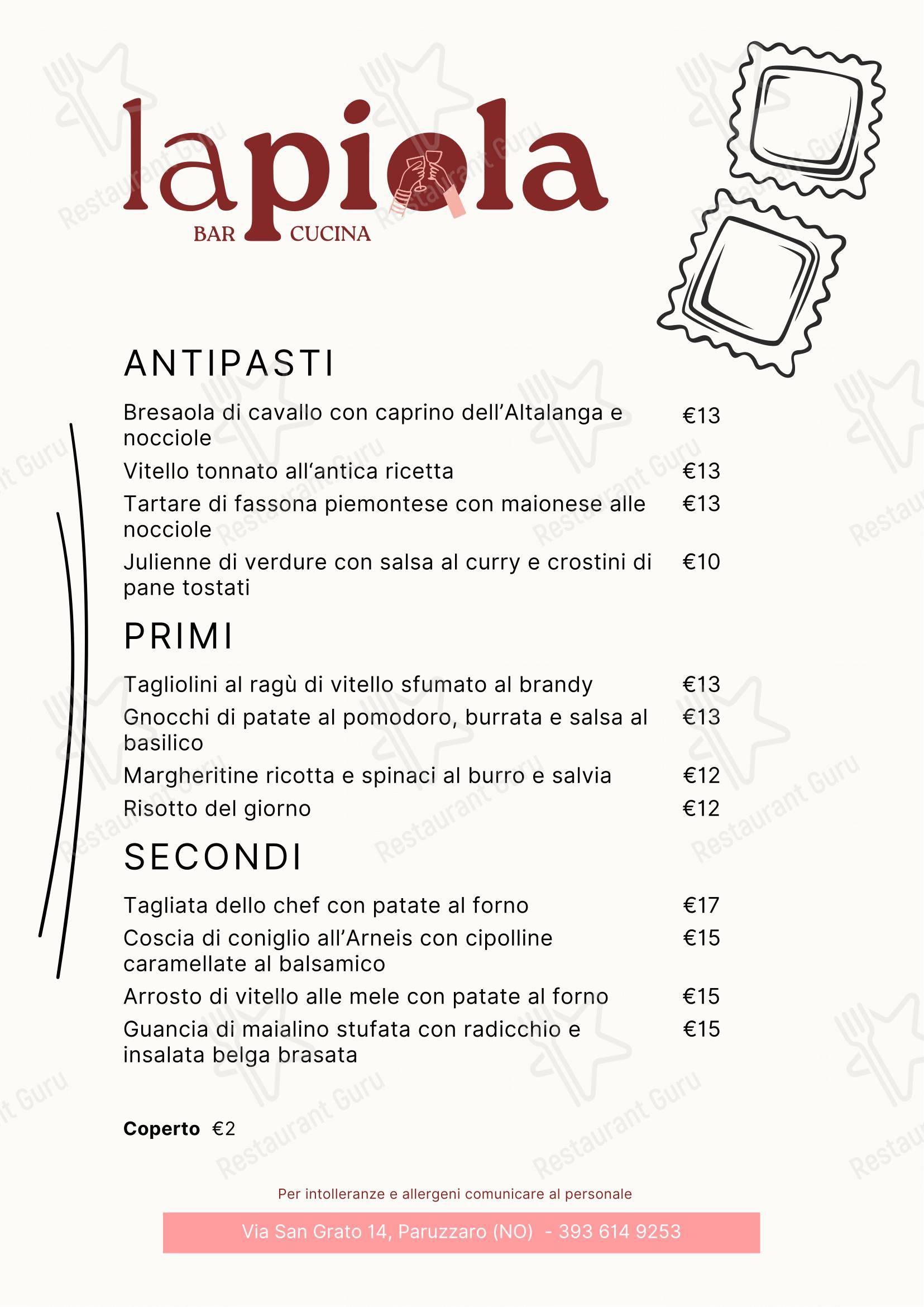 Menu per La Piola - Circolo ACLI in Paruzzaro