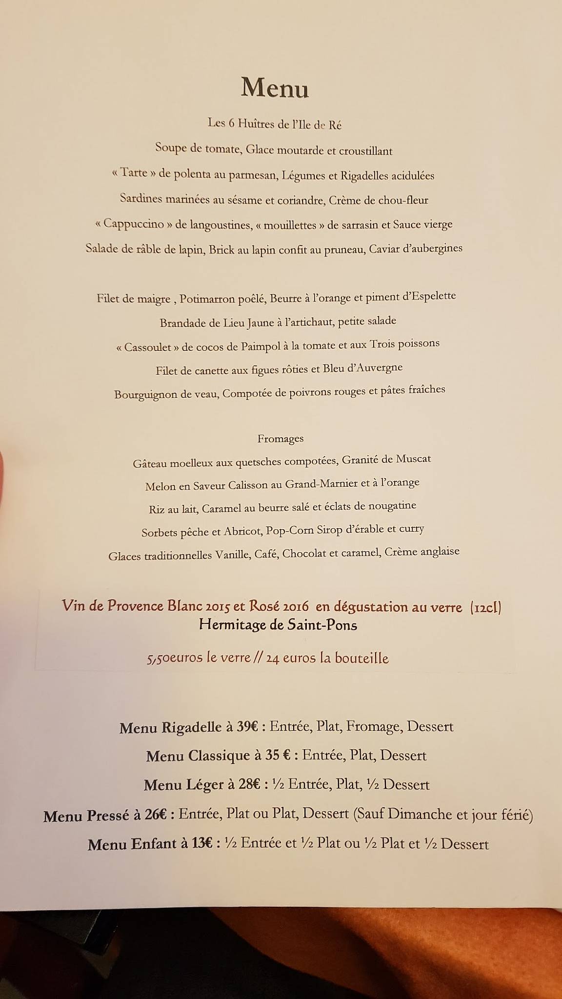 Menu de La Rigadelle