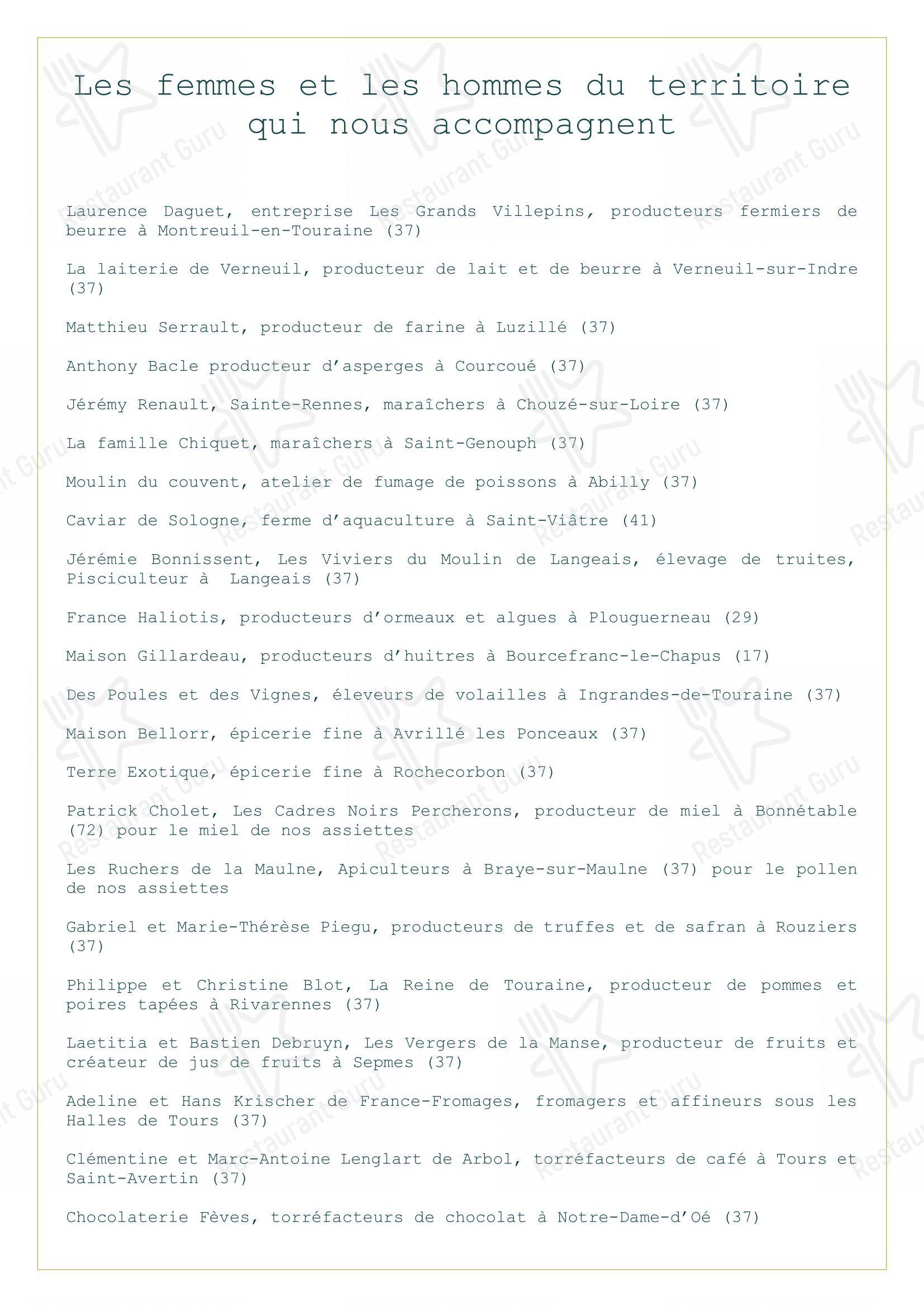 Menu pour La Roche Le Roy restaurant