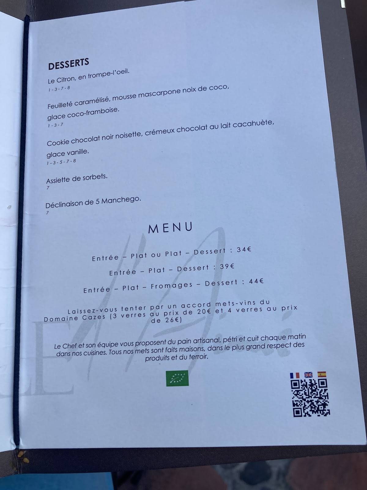Menu de La Table D'Aimé