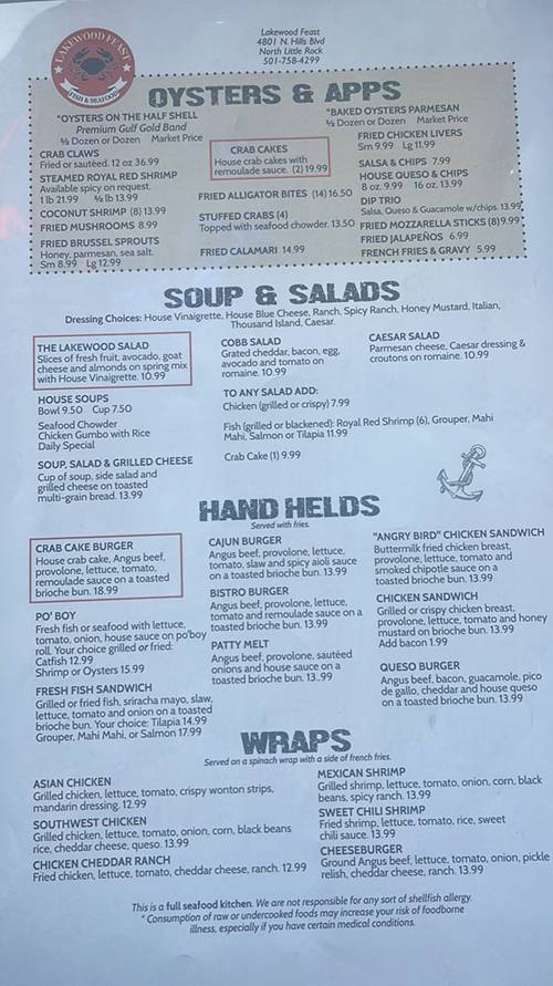 Menu at Lakewood Fish & Seafood House restaurant, North Little Rock