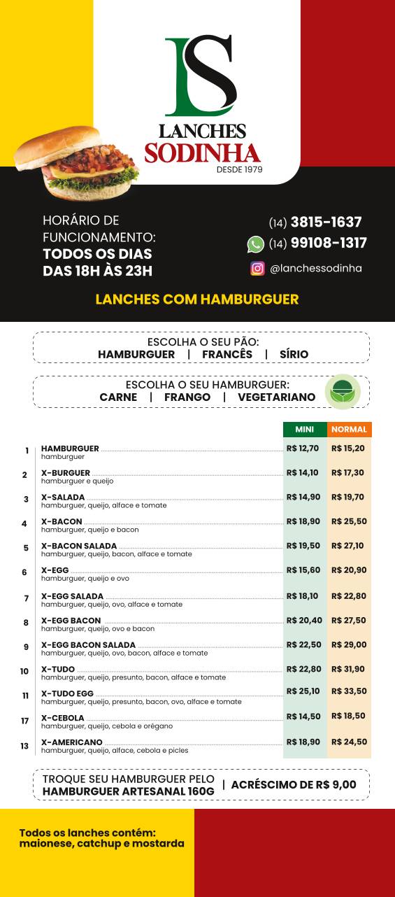 Lanches Sodinha Lanchonete em Botucatu cardápio