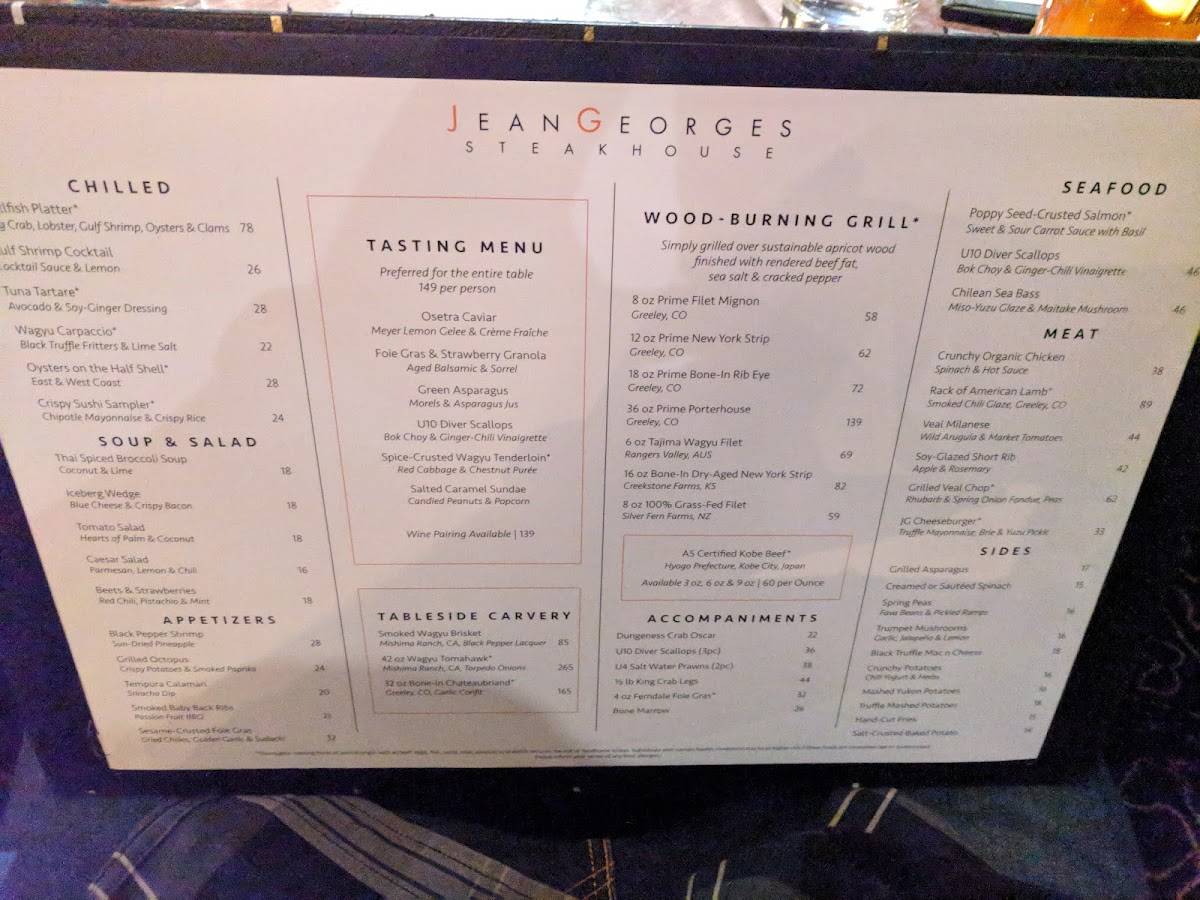 Menu at Jean Steakhouse, Las Vegas