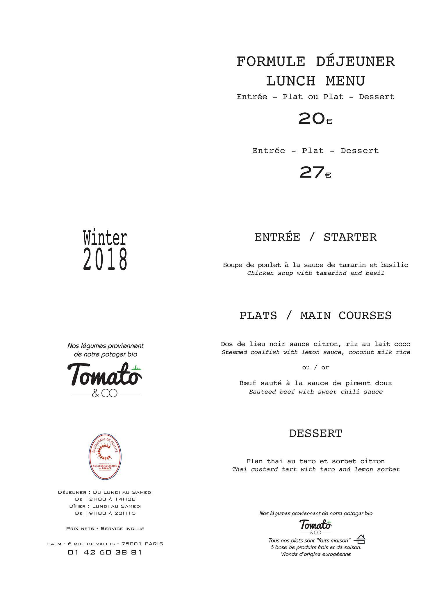 Menu de Le Balm