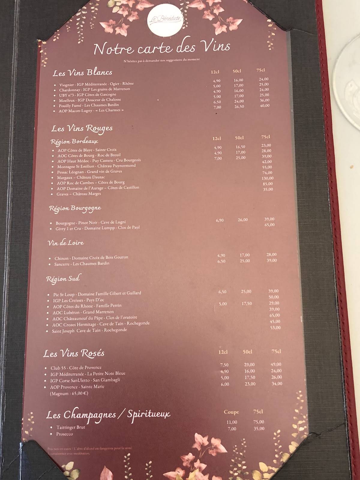 Menu de Le Bénédicte