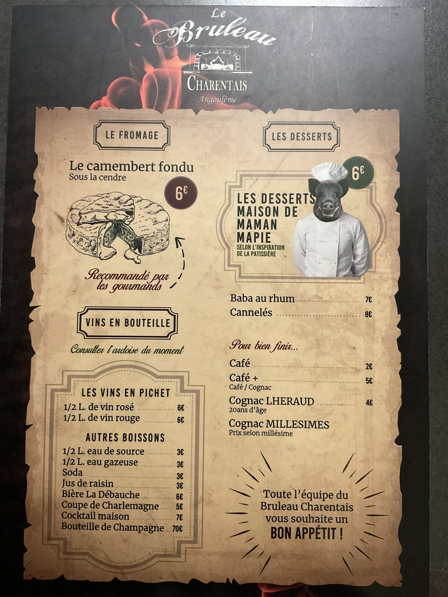 Menu de Bruleau Charentais Angoulême