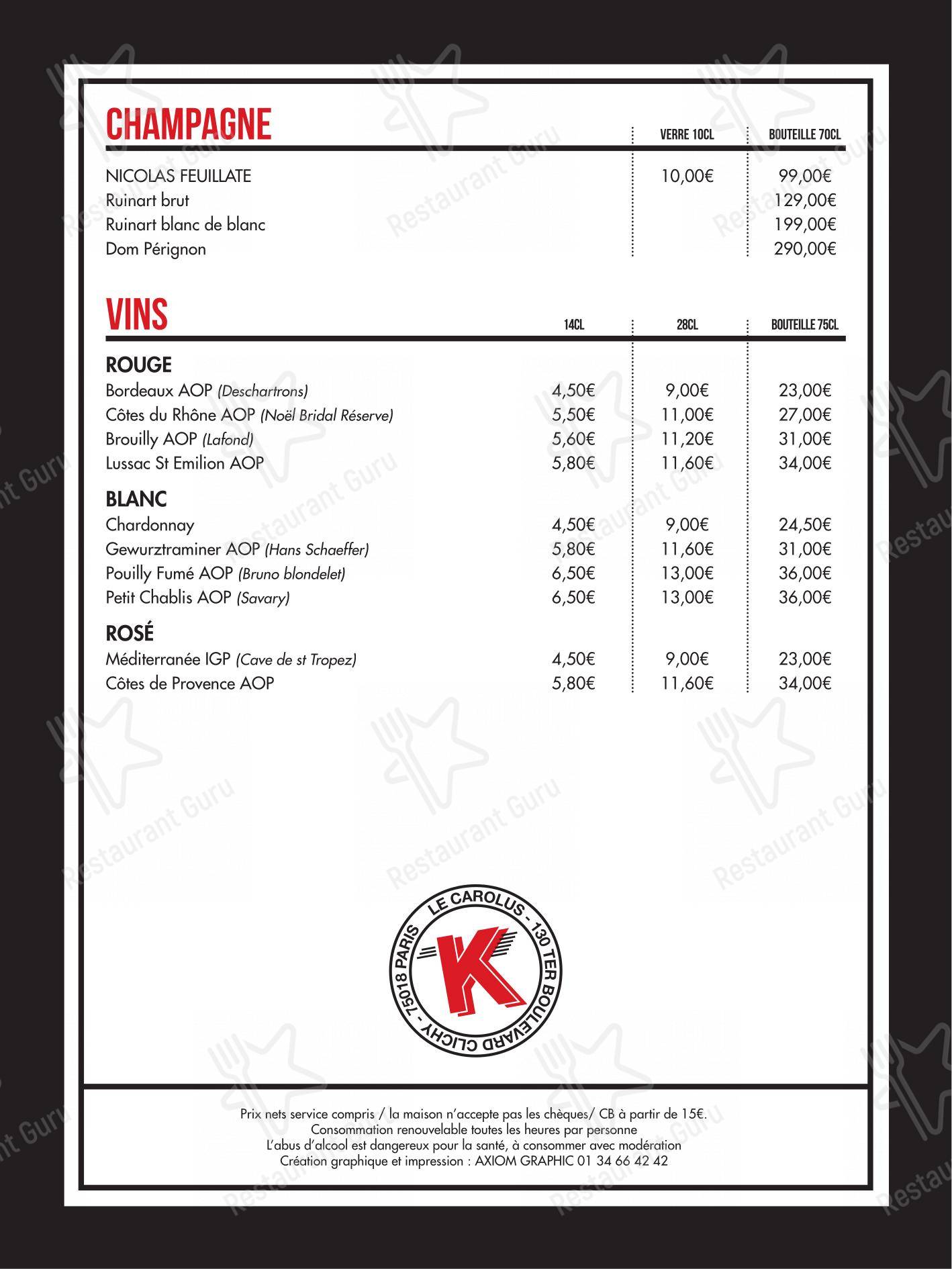 Menu pour Le Carolus dans Paris