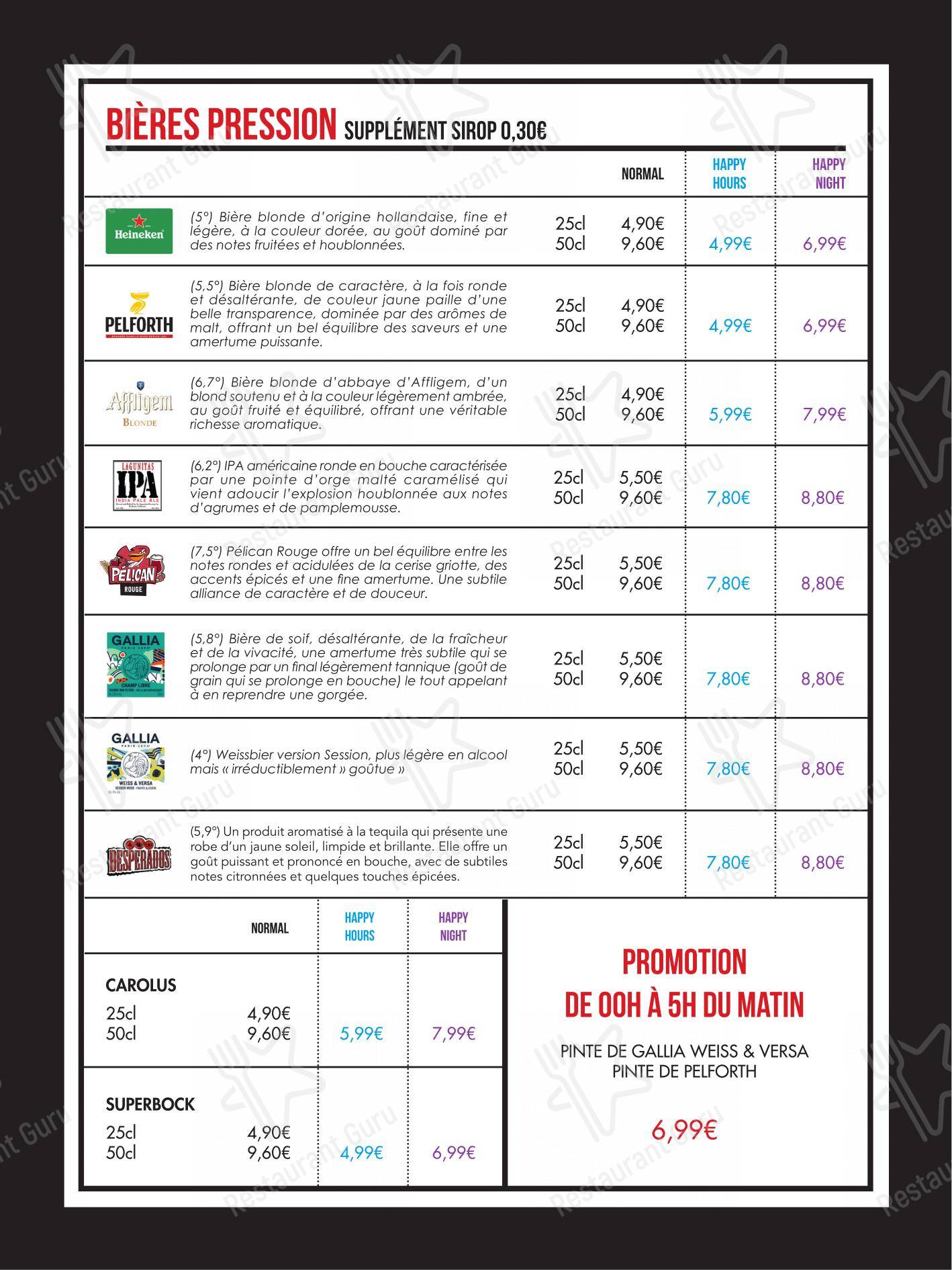 Menu pour Le Carolus pub et bar
