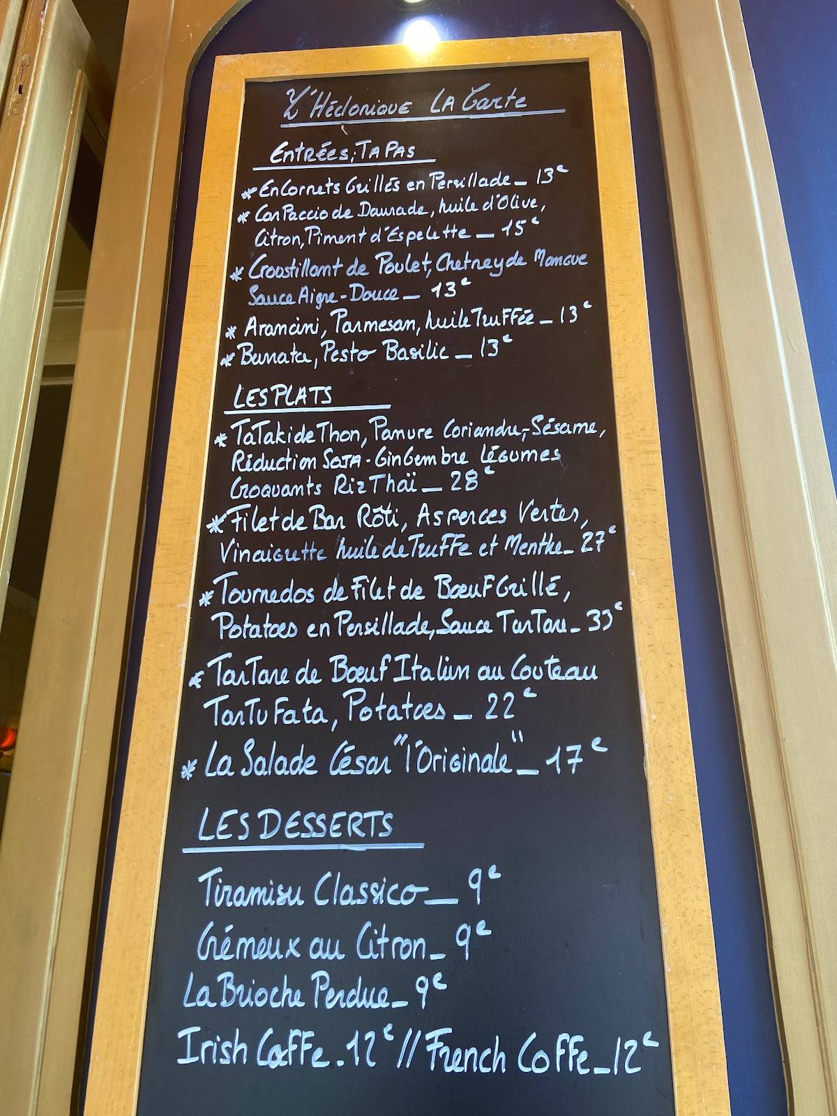 Carta del restaurante Le Carré, Burdeos