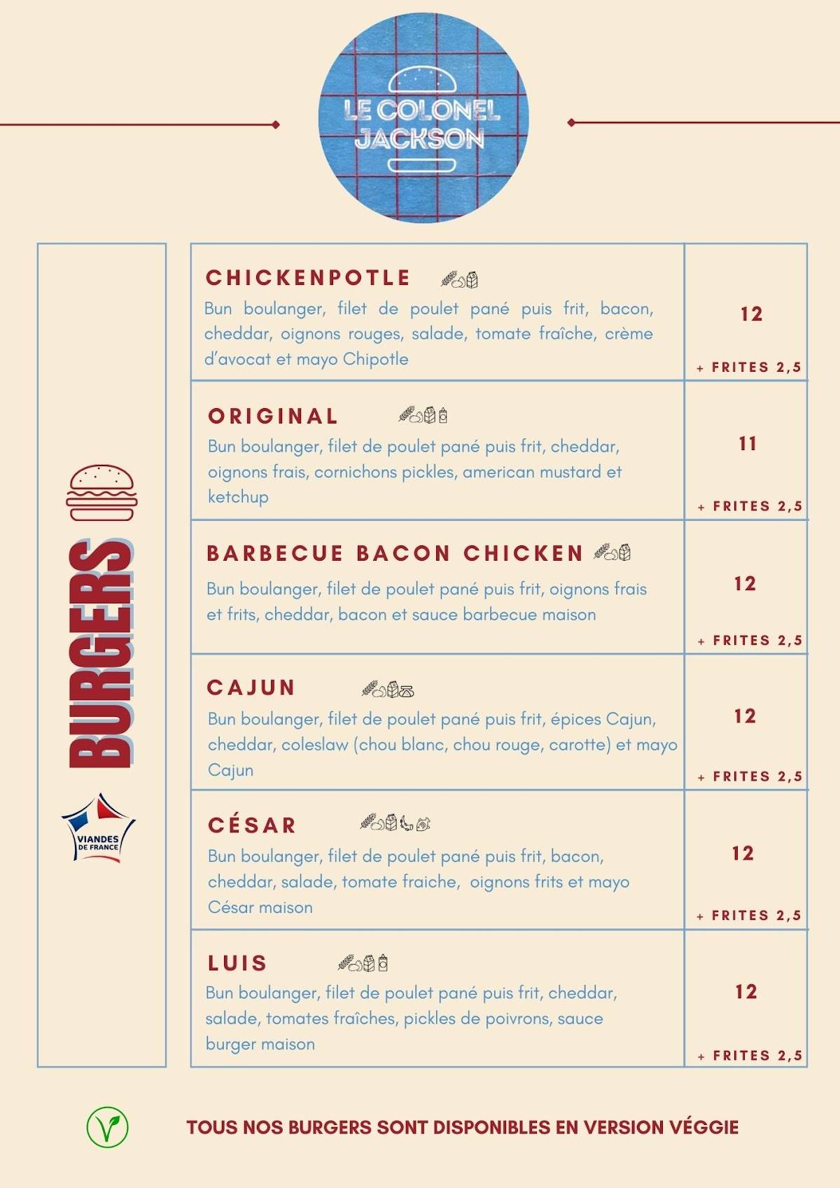 Menu de Le Colonel Jackson - Burger