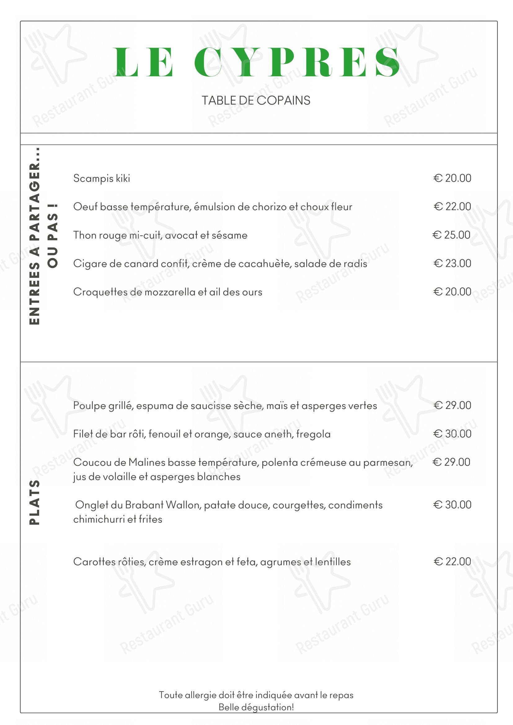 Menu pour Le Cyprès restaurant