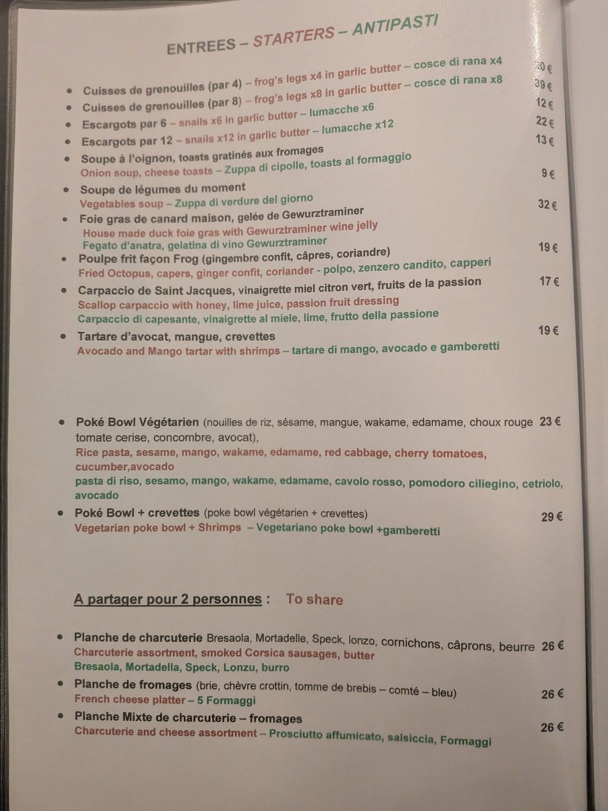 Menu de Le Frog