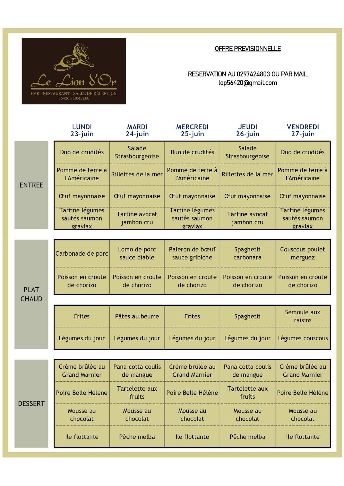 Menu de Le Lion D'or Plumelec
