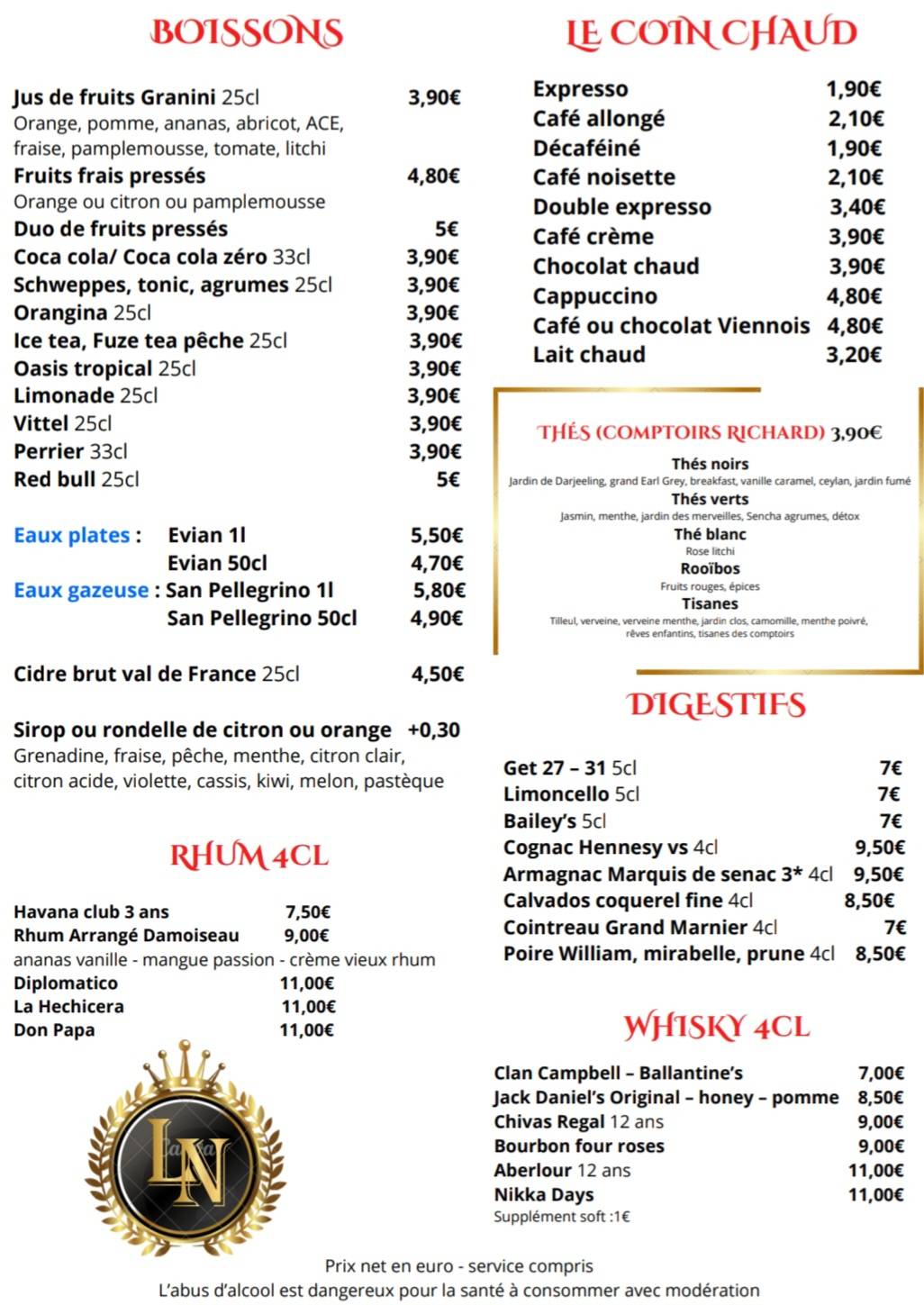 Menu de Le Napoléon