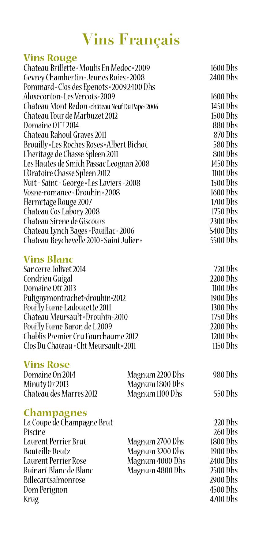 Menu de Le Palace Marrakech