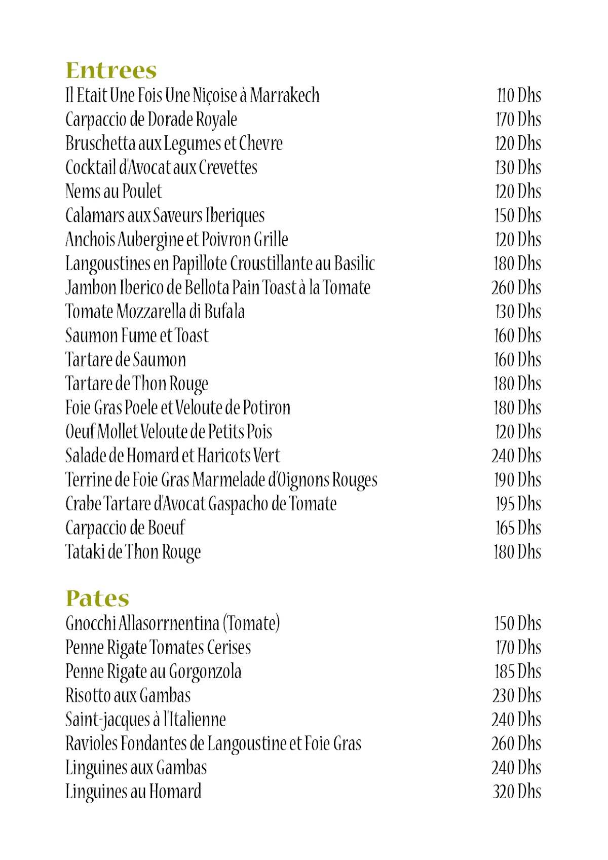 Menu de Le Palace Marrakech
